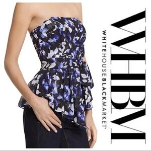 White House Black Market Strapless Floral Peplum Top in Black, Blue & White